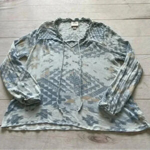 Knox Rose Womens Aztec Boho Western Smocked Tie Neck Sheer Top Light Blu…